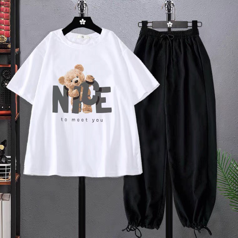 Sét Áo phông Gấu nice +quần bom chun, Áo thun from rộng, Chất đẹp không xù, quần suông ống rộng, Sét bộ mặc ở nhà - MODY