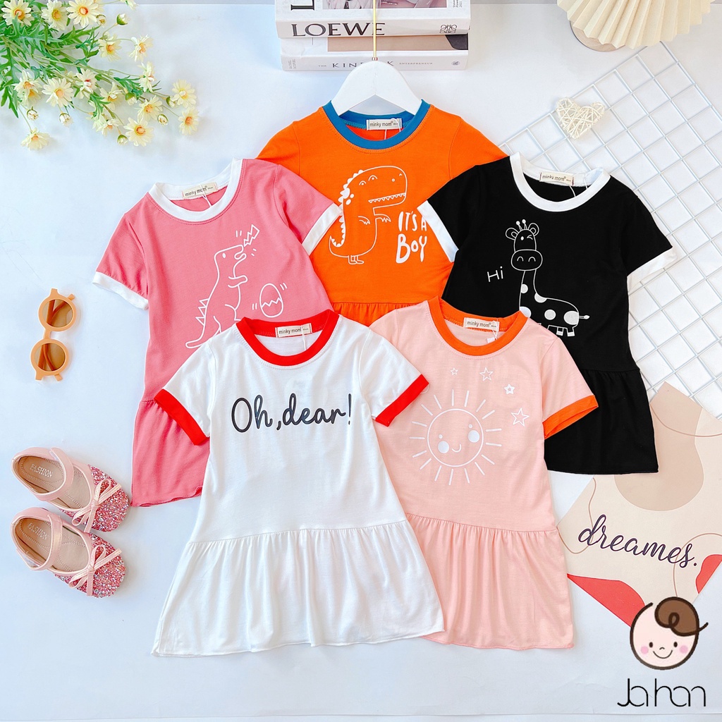 Váy/ đầm ngắn tay in hình thun lạnh mềm mịn mát cho bé gái từ 7-19kg