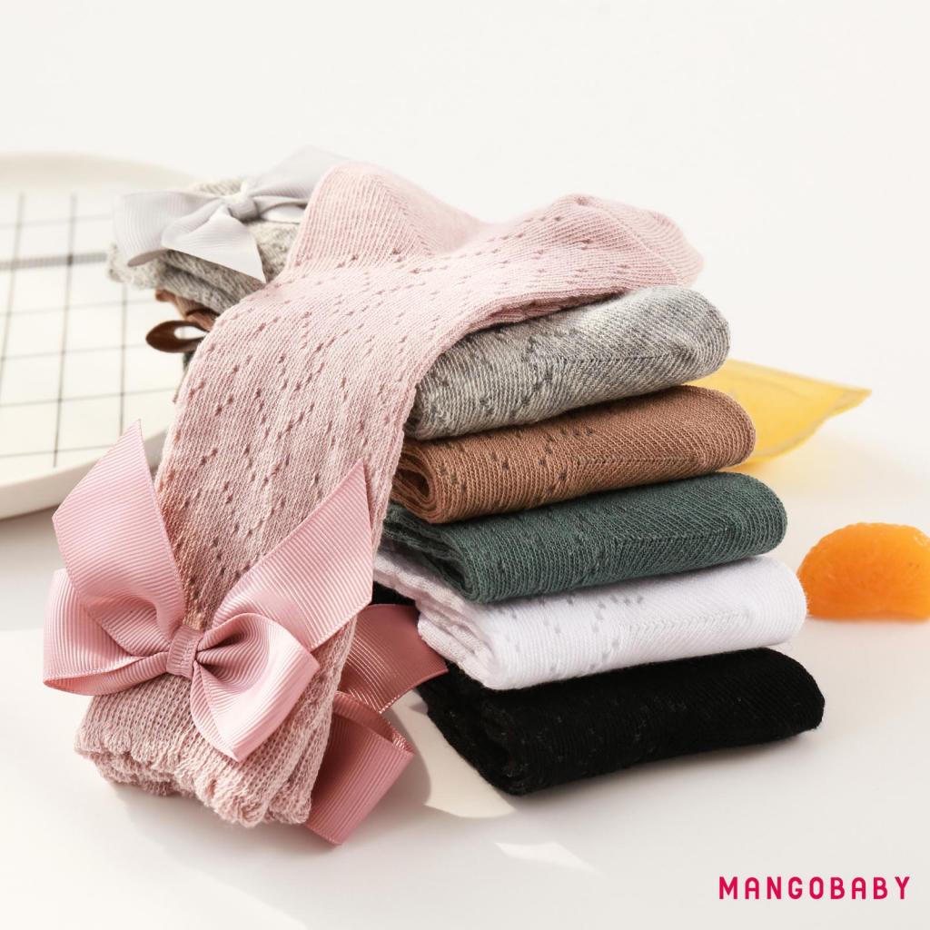 Vớ Cotton Phối Lưới Màu Trơn Thoáng Khí Đính Nơ Trang Trí Xinh Xắn Cho Bé Gái 0-3 Tuổi