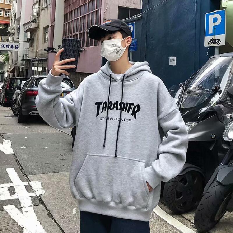 Áo hoodie tay dài dáng rộng in chữ phong cách Nhật Bản thời trang mùa đông cho nam