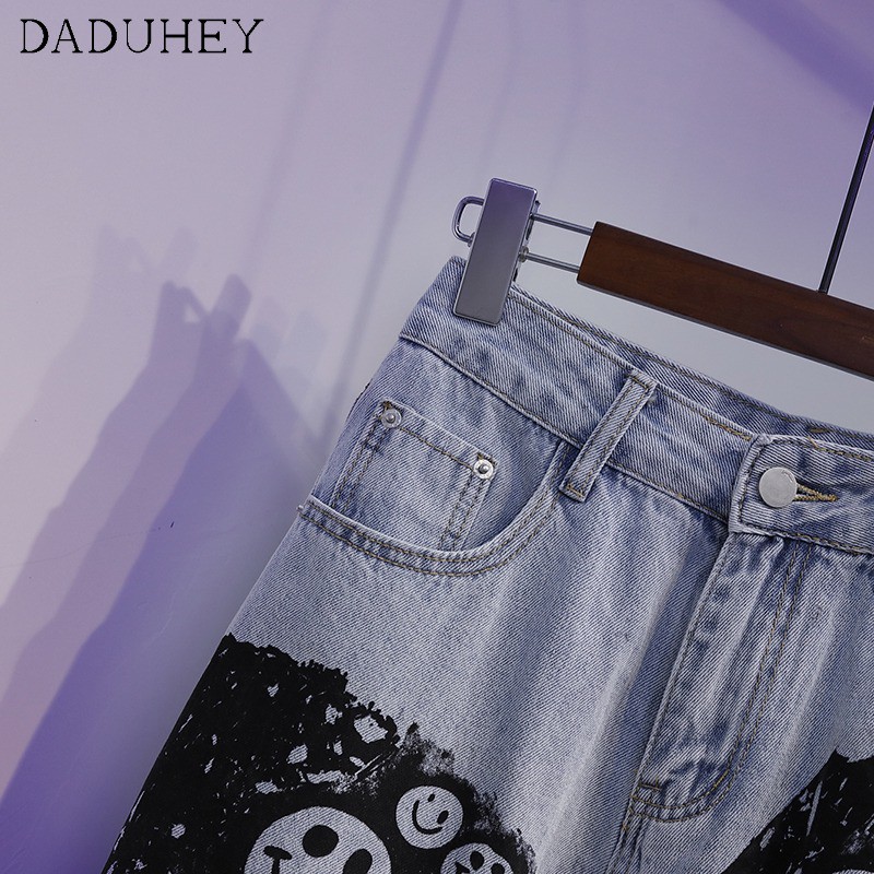 Quần dài jean nữ ống rộng in hình mặt cười cá tính