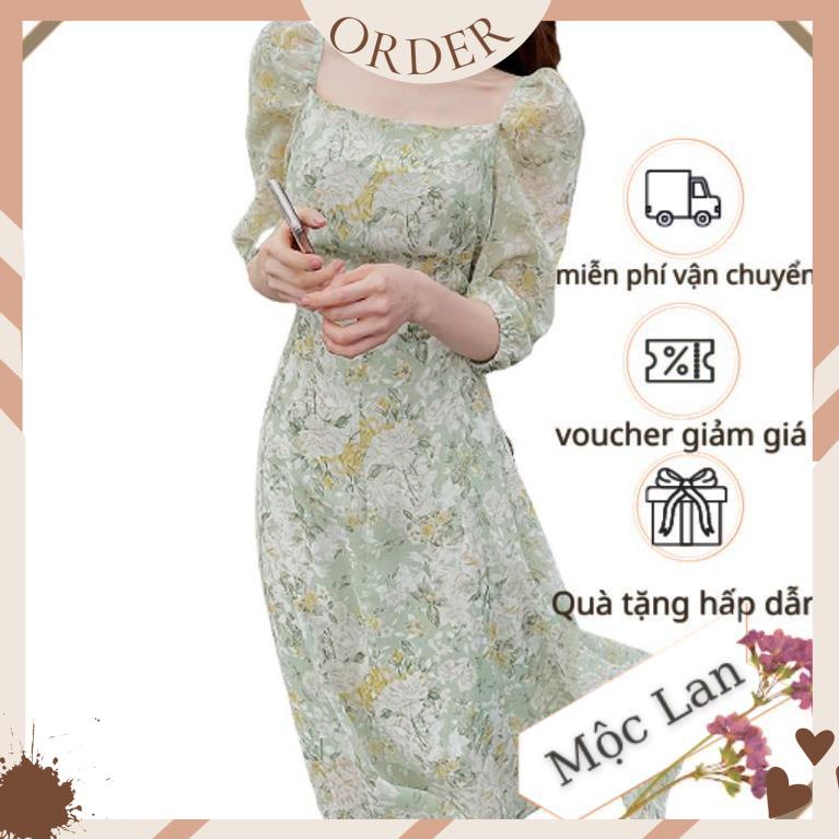(MộcLan ORDER) Váy MORAN voan hoa xanh cổ vuông nhẹ nhàng tiểu thư sang trọng kiểu Pháp xòe dài | BigBuy360 - bigbuy360.vn