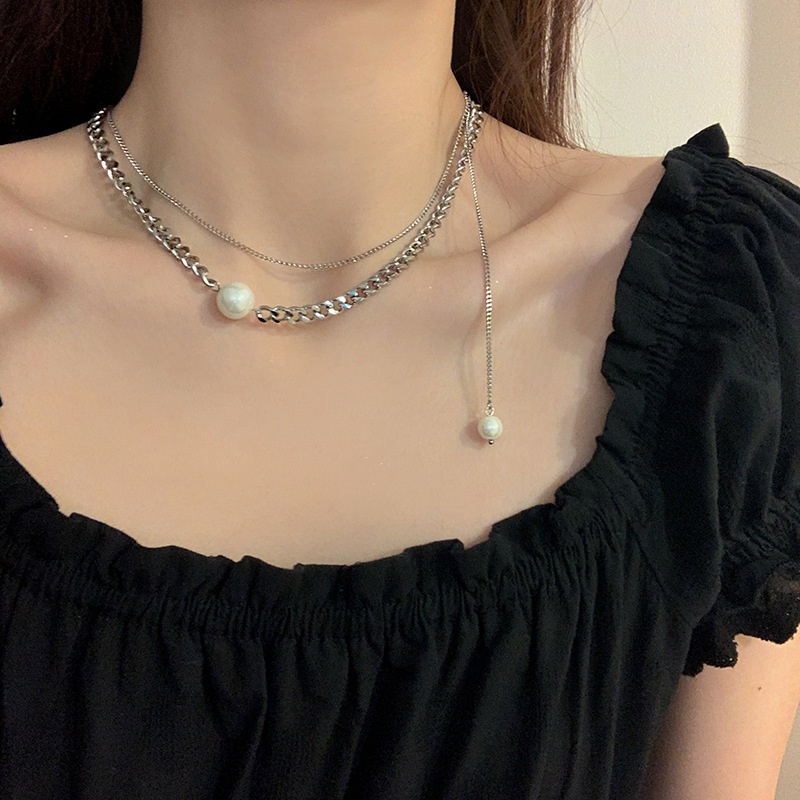 [KHÔNG ĐEN GỈ] Dây chuyền titan, vòng cổ unisex mắt xích sợi đôi phối ngọc trai nhân tạo Mely CT10