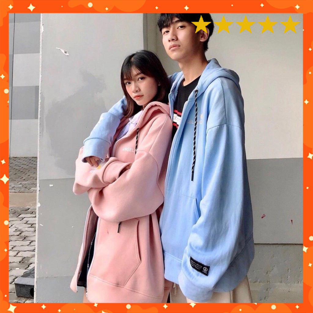 ÁO KHOÁC HOODIE CHỮ A IN LƯNG HOA CÚC XANH HỒNG • ÁO NỈ MŨ ANGEL LAND COUPLE ULZZANG