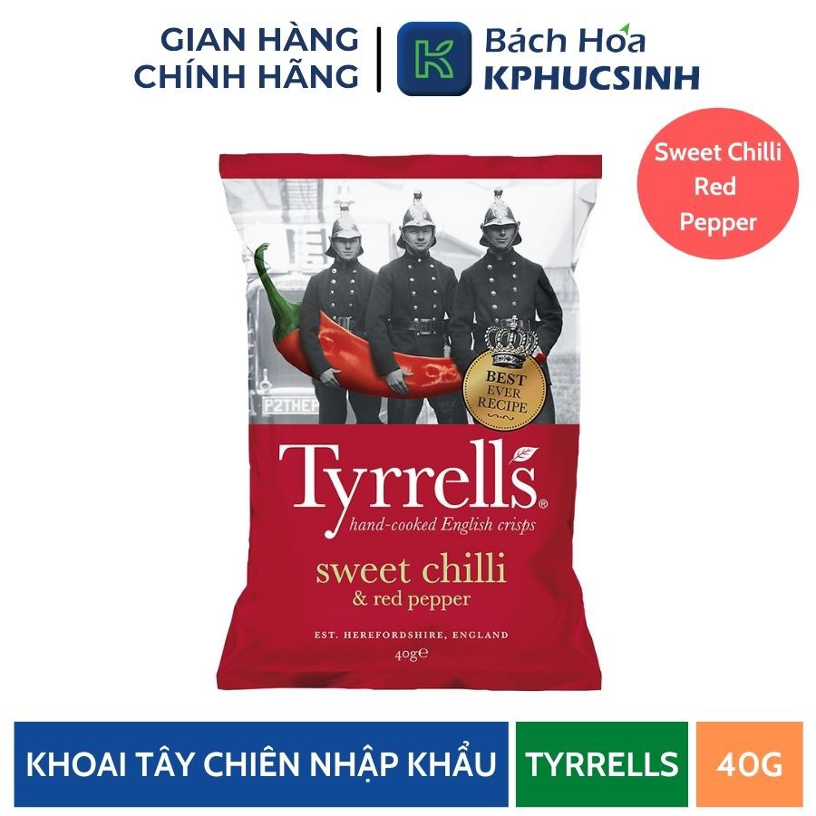 Khoai tây chiên Tyrrells sweet chilli Red pepper hand cooked crips 40g KPHUCSINH - Hàng Chính Hãng