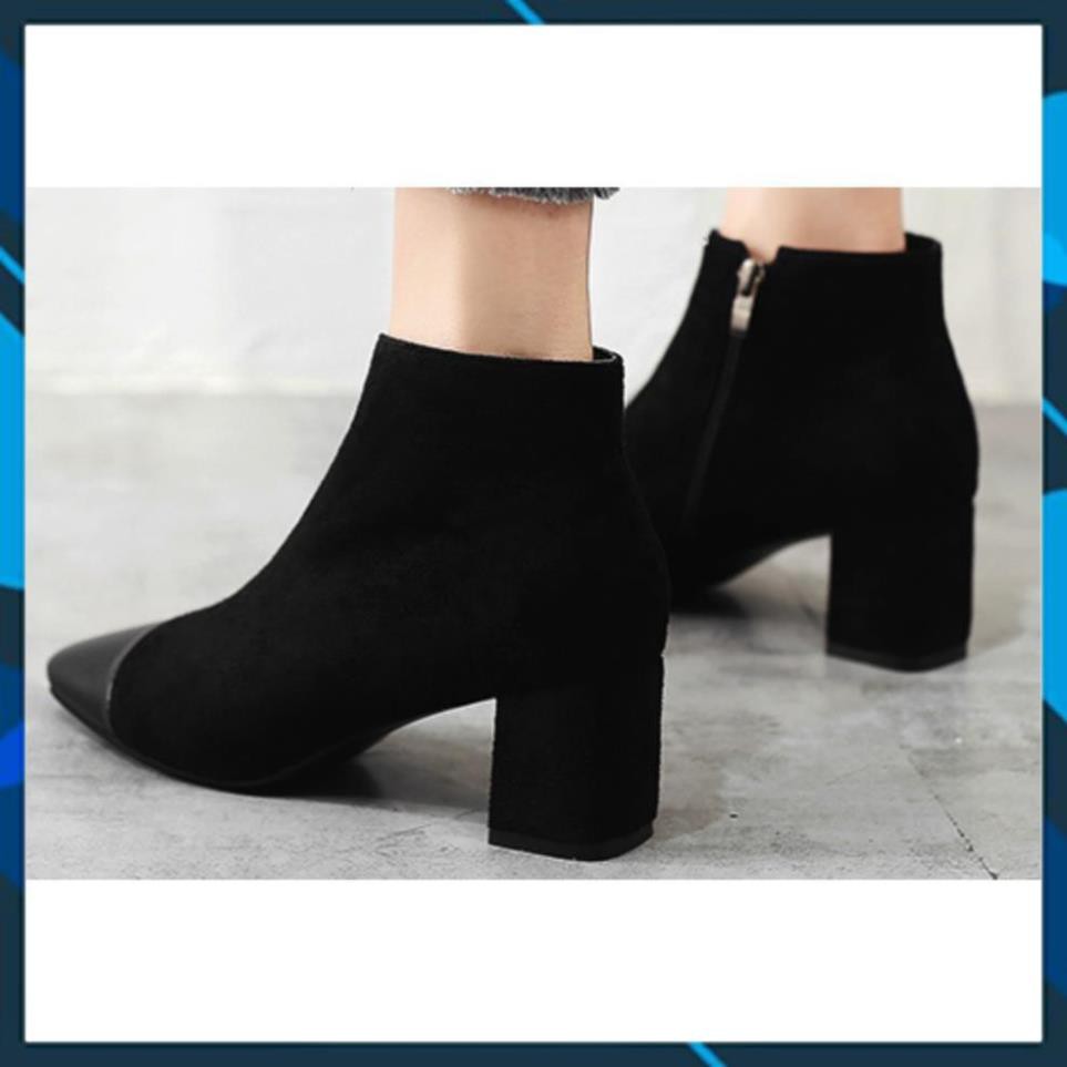 | New | Real 🌺Boot Nhung Cao Gót B57/ Mũi Giày Phối Da, Đế Vuông Cao 7cm Đẹp Xịn . 2020 new .. .. . . . : You ; , !