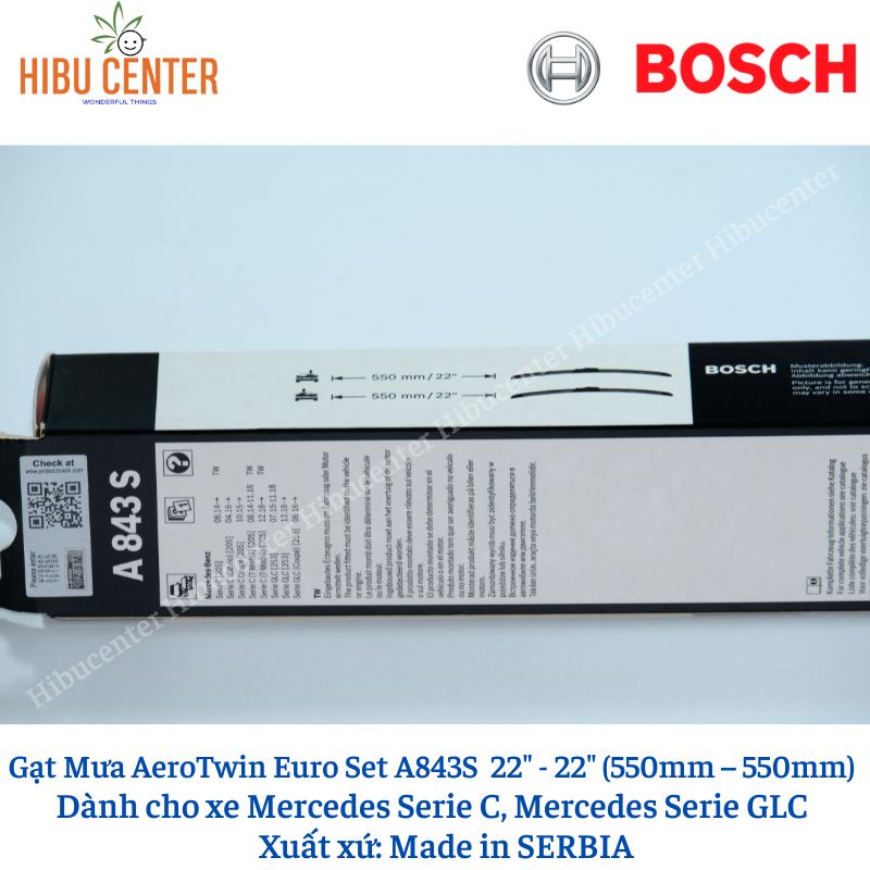 Gạt Mưa Bộ BOSCH AeroTwin Euro Set A843S Kích thước 22” – 22”  | Dành cho Xe Mercedes Serie C, Serie GLC