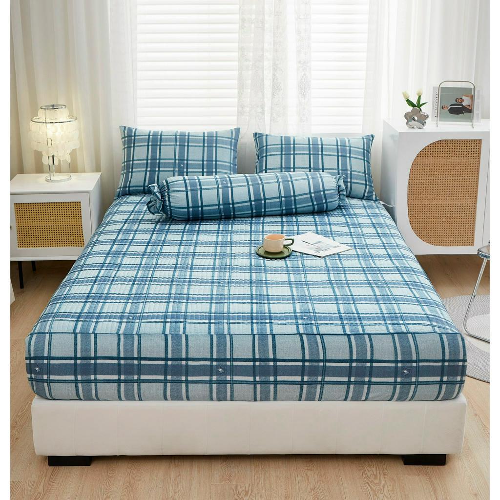 Bộ ga gối 4 món cotton đũi nhập khẩu ga trải giường cotton đũi mẫu hoa nhiều màu sắc ga chần bông bo chun thoáng mát