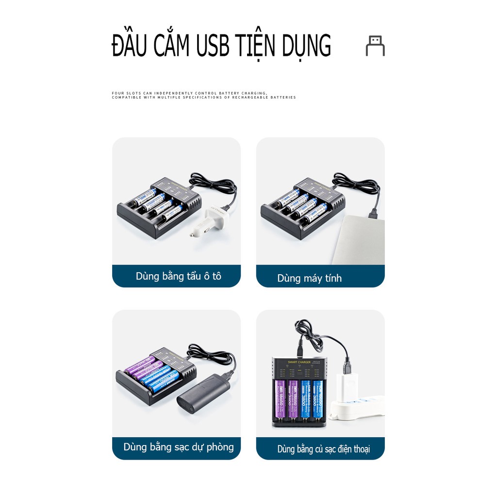 [Hàng chuẩn Smart Charger] Bộ sạc pin AA 18650 Bmax-M04 đa năng thông minh tự ngắt, phù hợp với hầu hết các loại pin