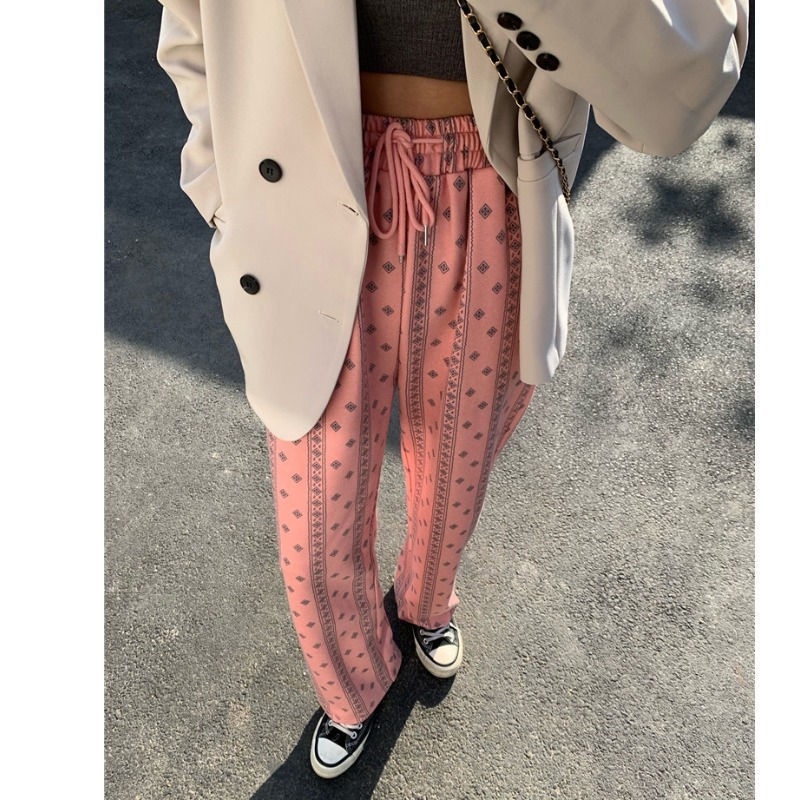 Happy-store  Quần dài ống rộng phong cách Hồng Hàn Quốc cá tính cho nữ