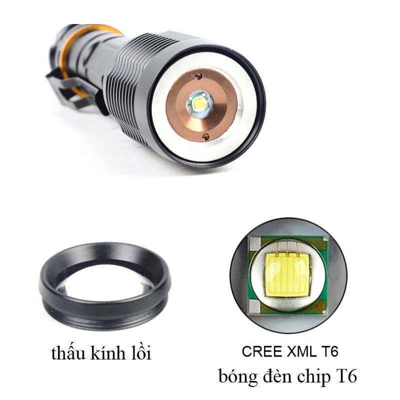 Đèn Pin led cầm tay bằng hợp kim nhôm CREE XML-T6 Tặng 2 pin Ultral 3.7v 4800mAh và sạc đôi