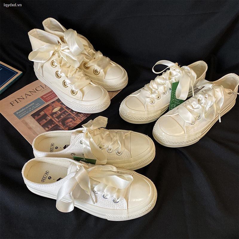 Giày sneaker vải canvas dây buộc ruy băng phong cách Hàn Quốc thời trang 2021 cho nữ