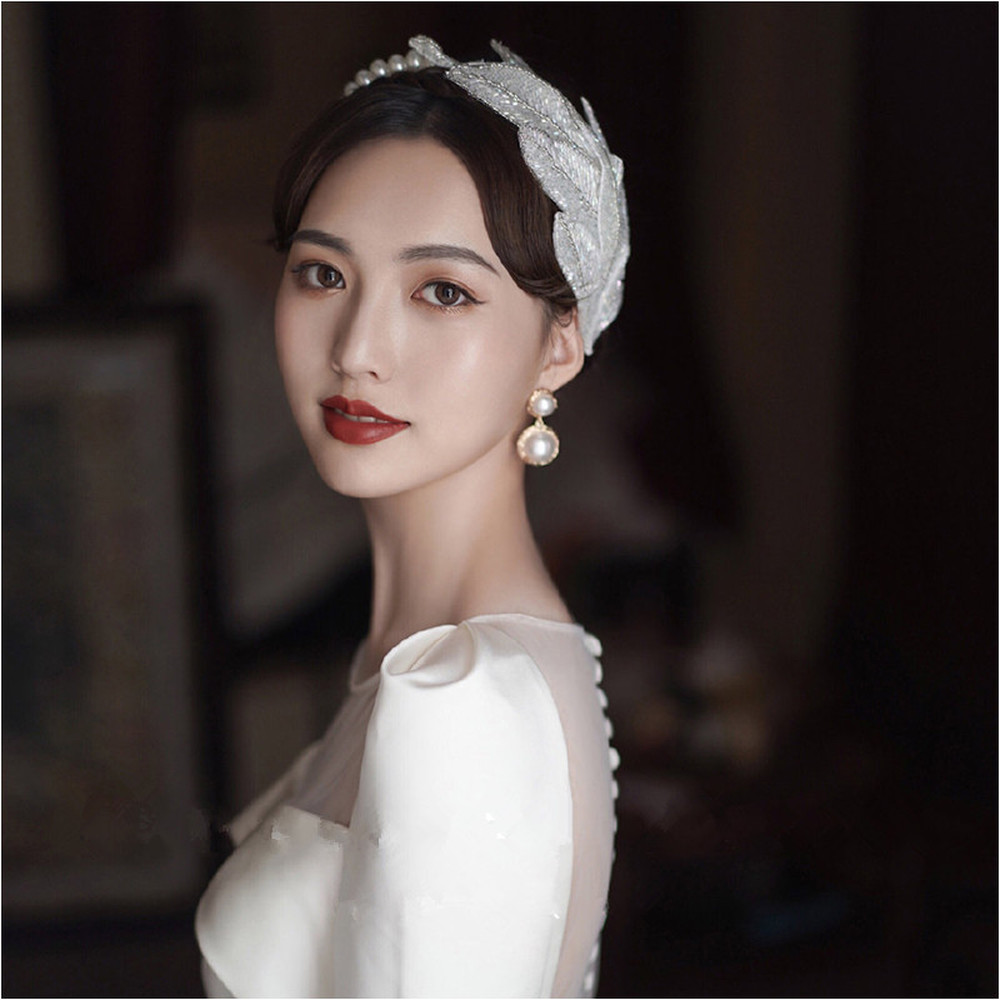 Băng đô hình lá đính pha lê ngọc trai nhân tạo thời trang cho cô dâu