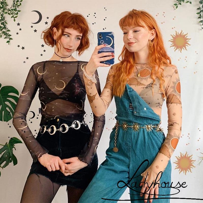 Áo Croptop Tay Dài Cổ Tròn Vải Lưới Xuyên Thấu In Họa Tiết Thời Trang Mùa Hè Cho Nữ