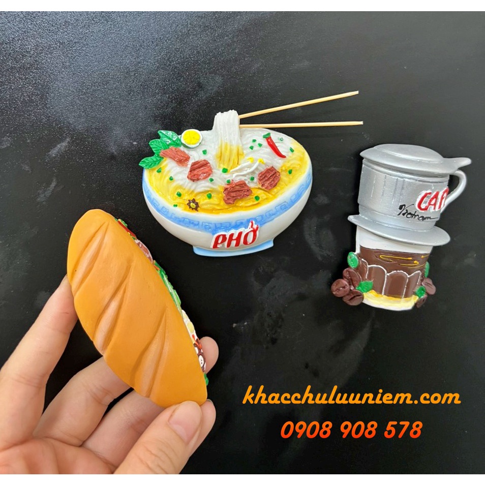 Bộ 3 món Cà Phê + Phở + Bánh mì mô hình 3D các món quốc dân Việt Nam - Tranh trí dính hít lưu niệm trên tủ lạnh