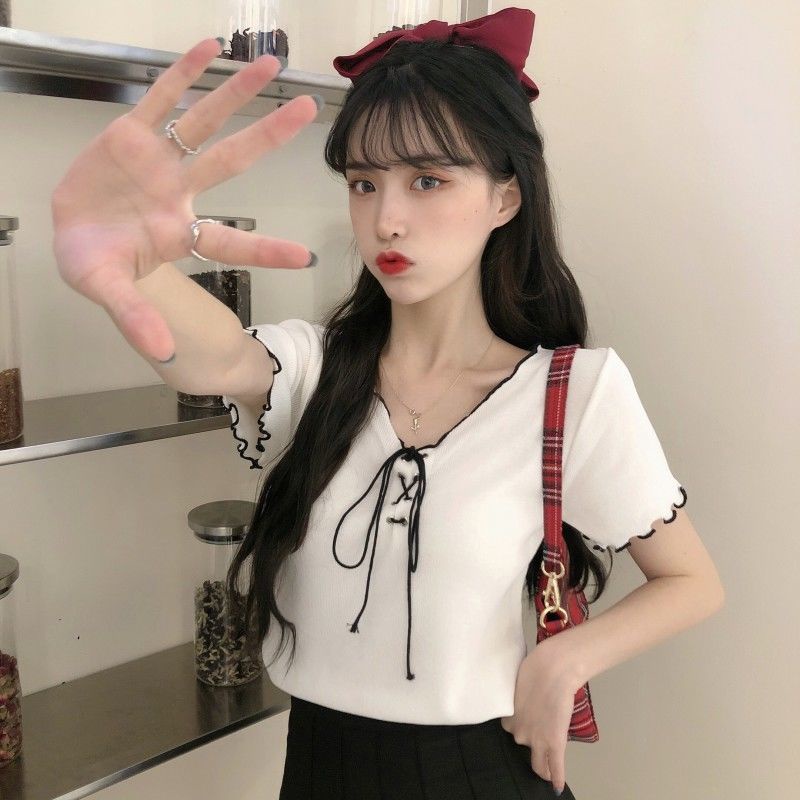 Áo Thun Dệt Kim Tay Ngắn Cổ Chữ V Cột Dây Thời Trang Mùa Hè 2022 Cho Nữ