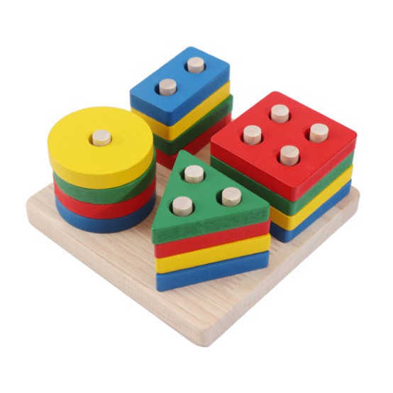 Combo sét 6 món đồ chơi giáo dục luồn hạt - sâu gỗ - đàn gỗ - cầu vồng - thả hình 4 trụ - đồng hồ xâu hạt cho bé