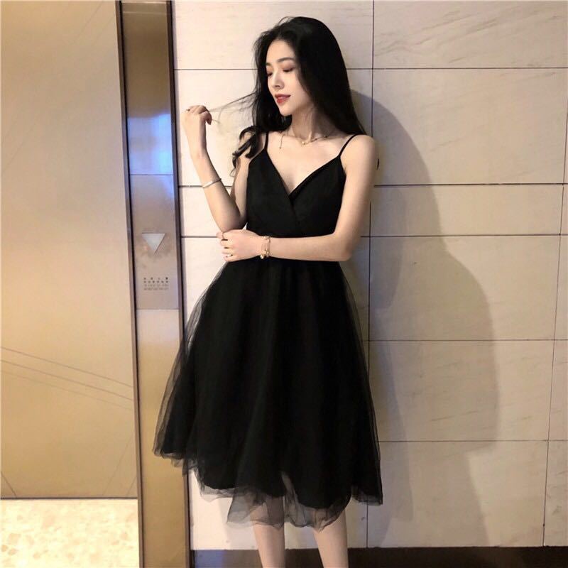Đầm Hai Dây Phối Lưới Phong Cách Hàn Quốc Quyến Rũ Cho Nữ