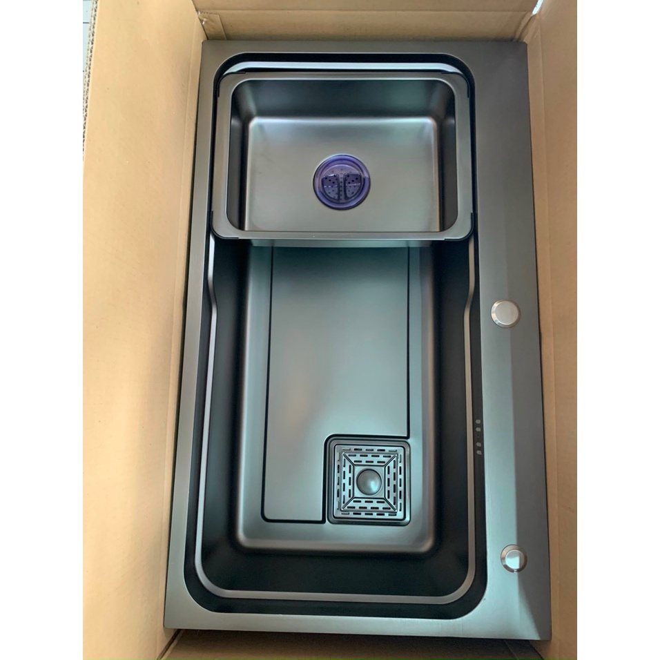 Bộ Chậu rửa chén bát INOX 304 cao cấp 1 hố cỡ 75x46cm, công nghệ NANO GHI ĐEN chống trày xước, dễ vệ sinh - QM.CR003