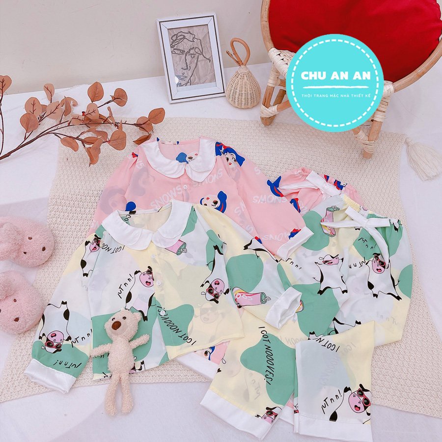 [ 16-41 KG ] Bộ Mặc Nhà Pijama Lụa Size Đại Cao Cấp Cho Bé Gái - Pijama Lụa Đại Cổ Sen Phối Nơ Cho Bé Yêu