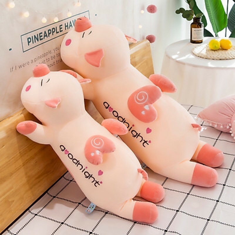 Gấu Bông Heo Cánh Tim Nằm Siêu Đẹp - Gối Ôm Heo Nằm Size to 1m1/90cm/75cm