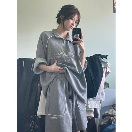 Set thun polo tay lỡ oversize khóa zip - Bộ áo phông cộc tay cổ bẻ form rộng kèm sooc đùi ống rộng cạp cao vintage