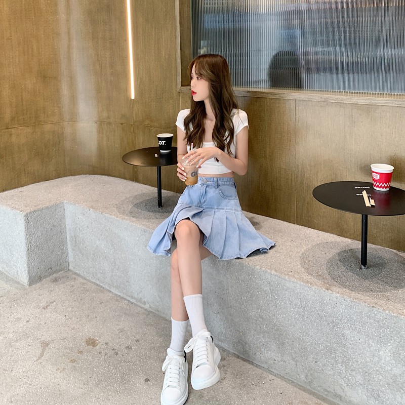 Xiaozhainv Chân Váy Jean Chữ A Lưng Cao Phong Cách Xếp Ly Thời Trang Mùa Hè Năng Động Cho Nữ | BigBuy360 - bigbuy360.vn