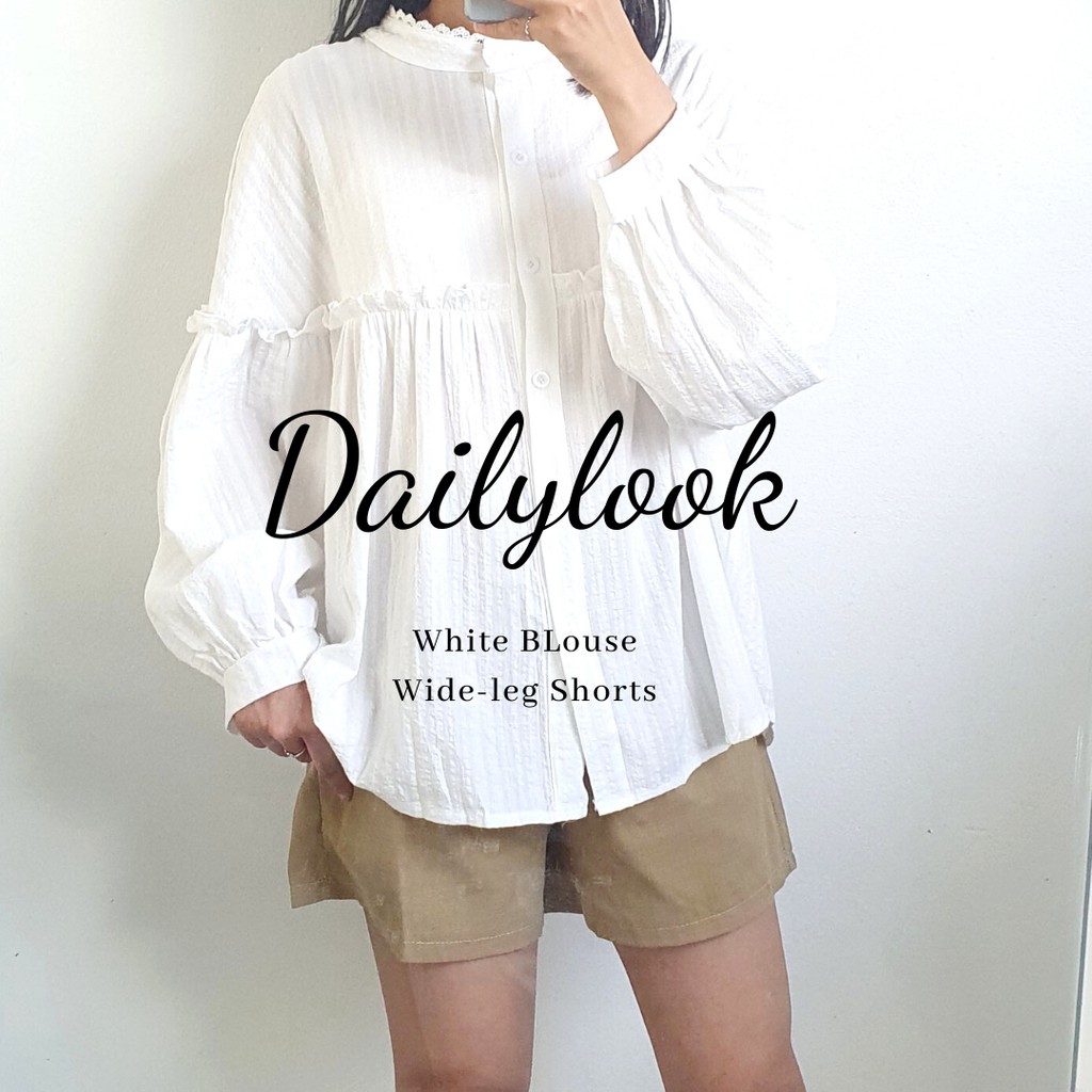 Áo Sơmi Xô Cổ Tròn Tay Dài Phồng Màu Trắng (free size) - Penguin House (Tất cả hình shop tự chụp)