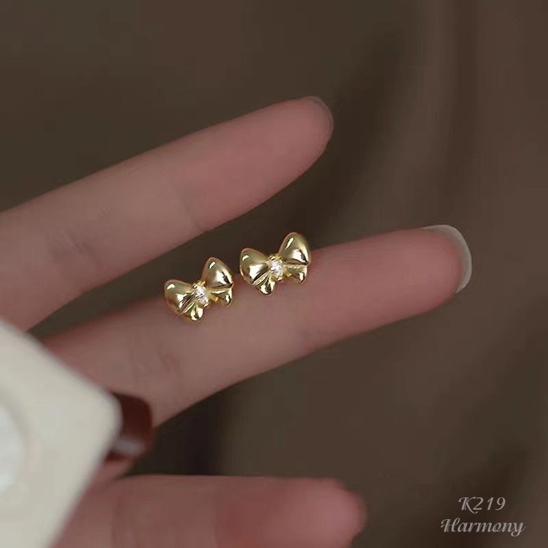 Khuyên tai nữ bạc nơ nhỏ đính đá 2 màu bạc và vàng đơn giản, xinh xắn | HARMONY ACCESSORIES K219