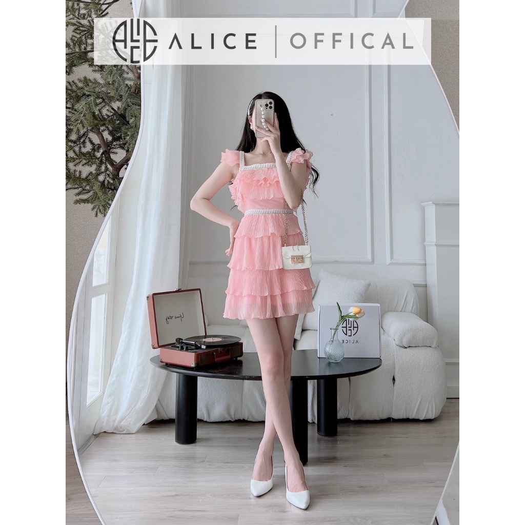 Đầm Tiểu Thư Dáng Xòe ALICE Chất Tơ Mềm Lót Lụa Thiết Kế Chân Váy Dập Li 4 Tầng Tay Cánh Tiên V796