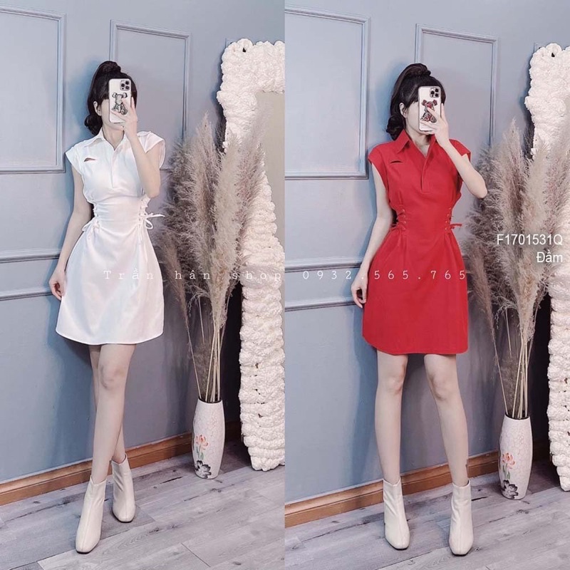 Đầm xòe cổ sơ mi đan dây hai bên eo sát nách! 195k
