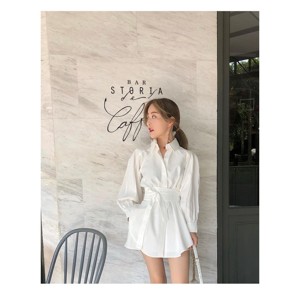 Áo sơ mi form dài cột nơ eo kèm quần đùi chất đũi (đen, trắng) 1sizeshop | BigBuy360 - bigbuy360.vn