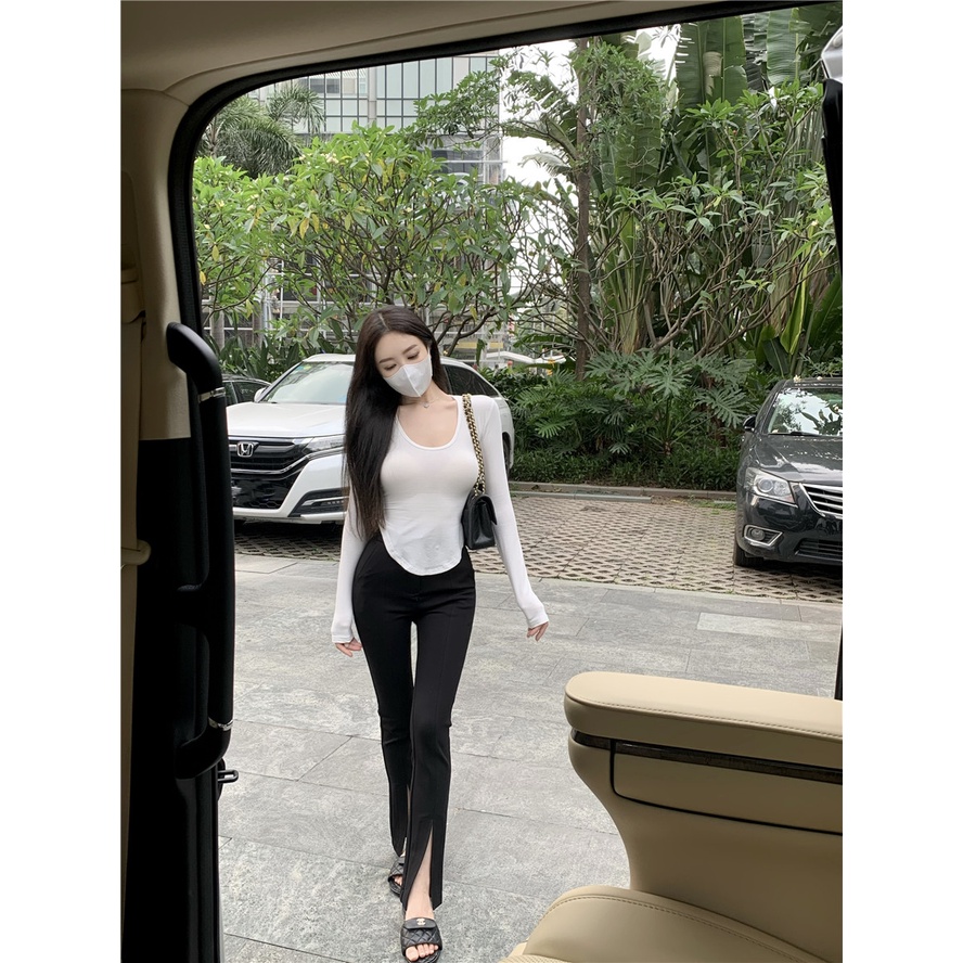 Cocory vn Áo Thun Dài Tay Cổ Chữ U Màu Trơn Thời Trang Mùa Hè Quyến Rũ