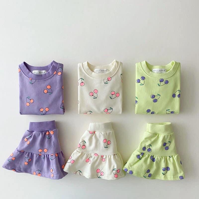 SET Áo Thun Tay Bồng + Chân Váy Tầng In Hình Trái Cherry Cho Bé Gái, Màu[Trắng,Tím,Xanh Lá] 100% Cotton, Size Từ 8-20Kg