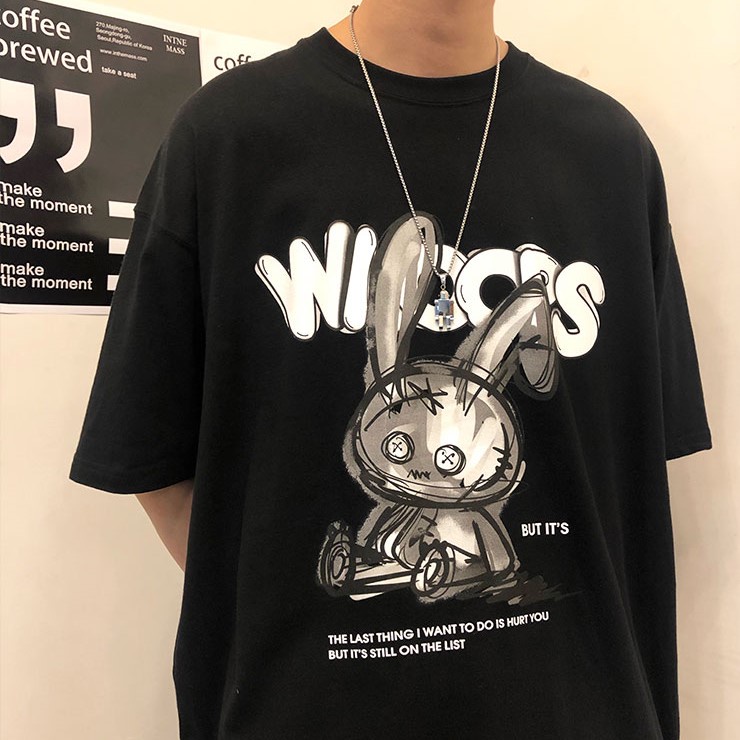 Áo Thun Tay Lỡ Hình Con Thỏ Ngỗ Nghĩnh , Phông Phom Thụng Phong Cách Unisex Dành Cho Nam Nữ