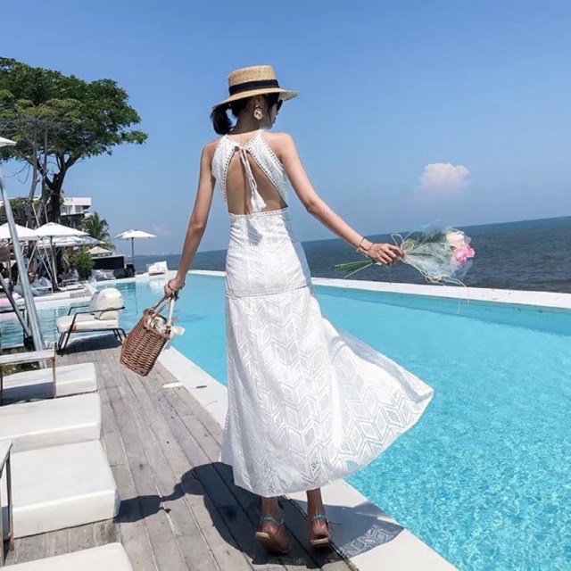ĐẦM MAXI TRẮNG HOBO DU LỊCH ĐI BIỂN - Váy maxi trắng hở lưng