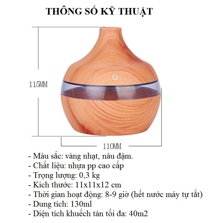 Máy xông tinh dầu siêu âm vân gỗ mini có đèn led khuếch tán hương thơm và tạo độ ẩm không khí - Tặng tinh dầu