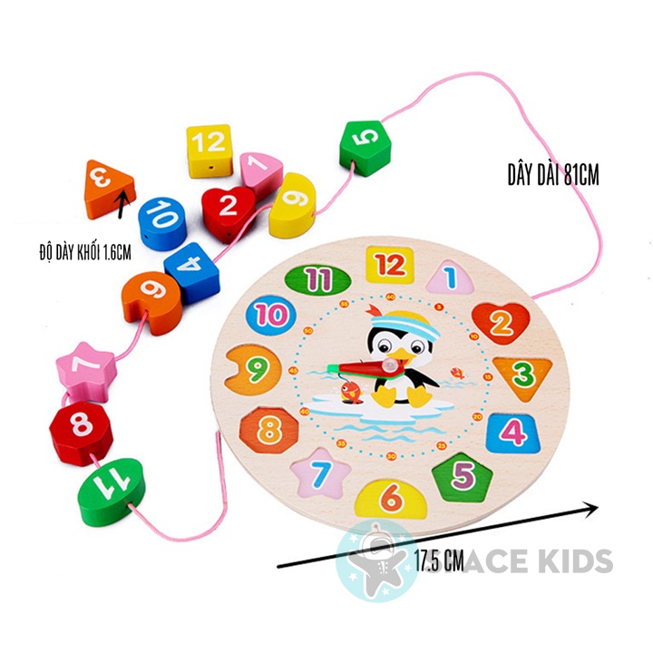 Đồ chơi giáo dục Space Kids Đồng hồ gỗ xếp khối và xỏ dây thông minh cho bé phát triển trí tuệ