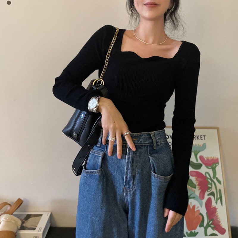 Áo dệt kim cổ vuông phối ren phong cách Hàn Quốc ngọt ngào mới