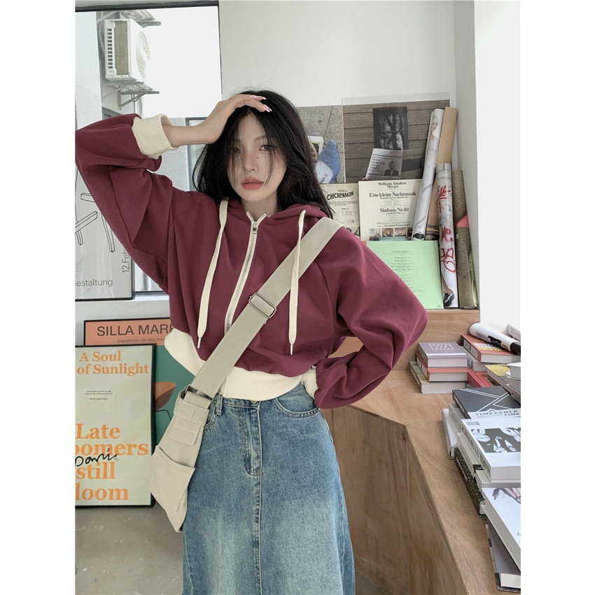 Áo Khoác sweater Có Mũ Dáng Rộng Phối Khóa Kéo Kiểu Hàn Quốc Thời Trang Mùa Thu Cho Nữ
