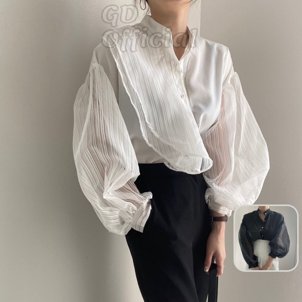 A51|Áo sơ mi công sở hàn quốc cổ tròn chất lưới mỏng màu trắng, đen gd_order