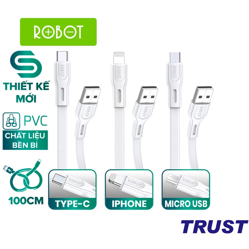 Cáp Sạc Lightning/Micro/Type-C ROBOT RDM100s/ RDC100s/ RDL100s - Chiều Dài 1M -Dây Dẹp Chất Liệu PVC Chống Rối