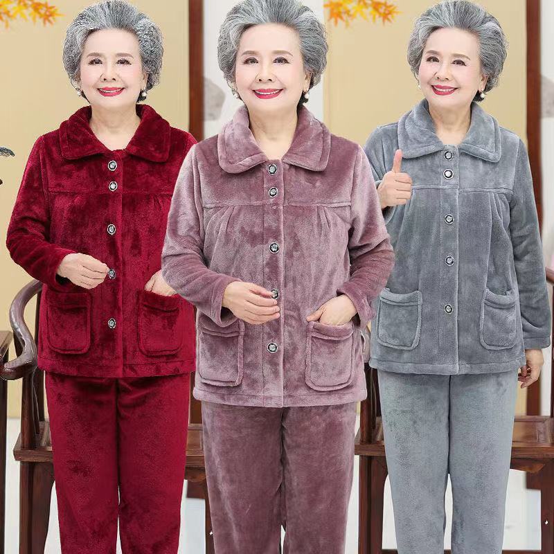 Đồ ngủ phụ nữ trung niên và cao tuổi dày cộng với lông cừu quần áo bà ngoại mùa thu đông flannel bộ già