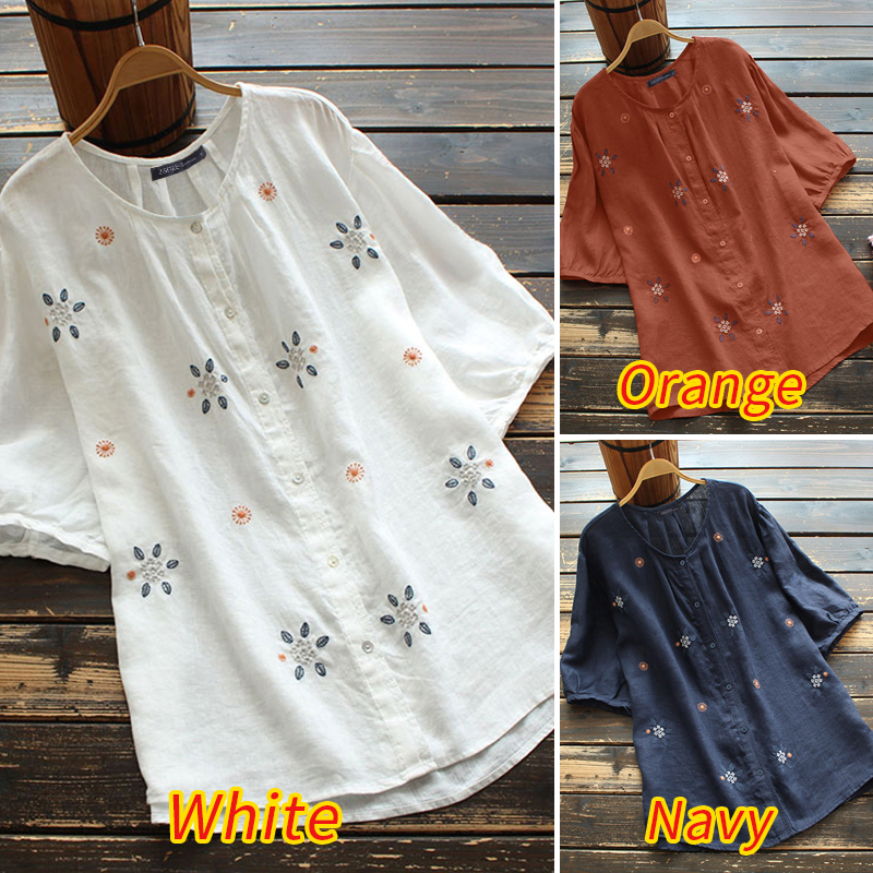 Áo ZANZEA tay ngắn dáng rộng có hàng nút phía trước thêu họa tiết phong cách thường ngày dành cho nữ