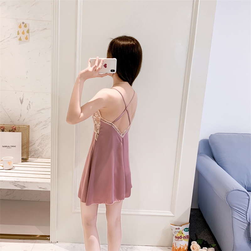 Đồ ngủ Vải Lụa Lạnh Phối Ren Cổ Chữ V Có Miếng Đệm Ngực Thời Trang Mới 2022 Cho Bạn Gái