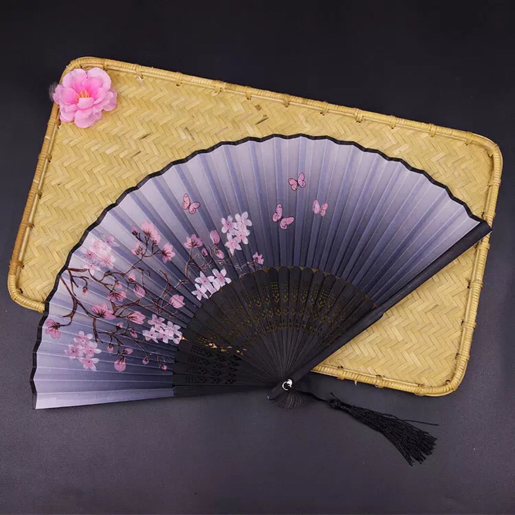 Quạt cổ trang M50 xếp giấy nan trúc cầm tay gập gọn dây tuyến cosplay phong cách Nhật Bản