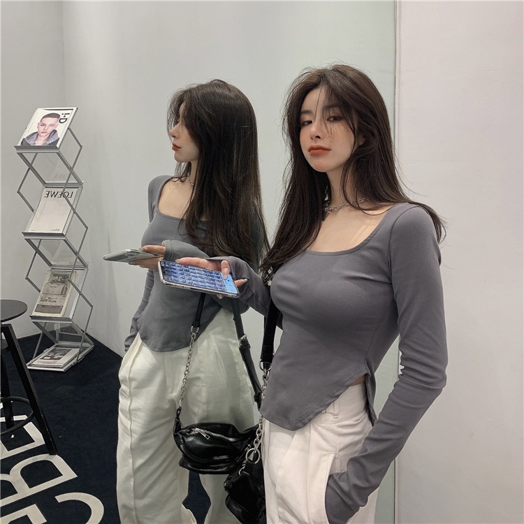 Áo Thun Tay Dài Cổ Chữ U Màu Sắc Đơn Giản Cho Nữ