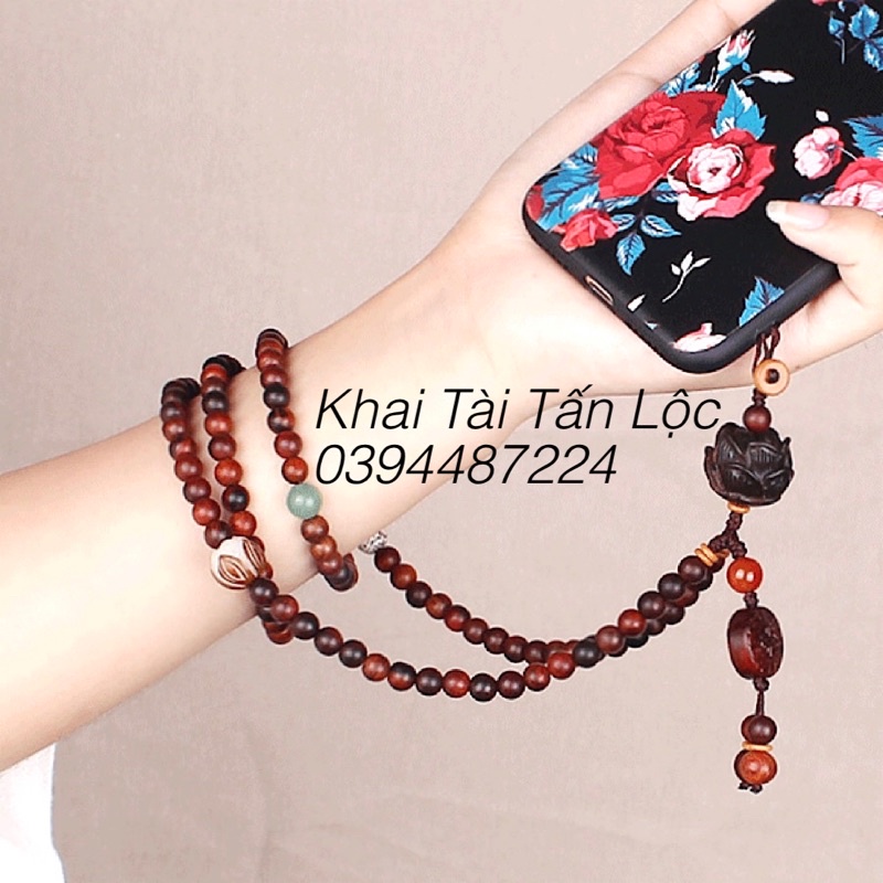 Vòng chuỗi gỗ trắc và Bồ đề hoa sen đeo cổ , đeo tay treo điện thoại