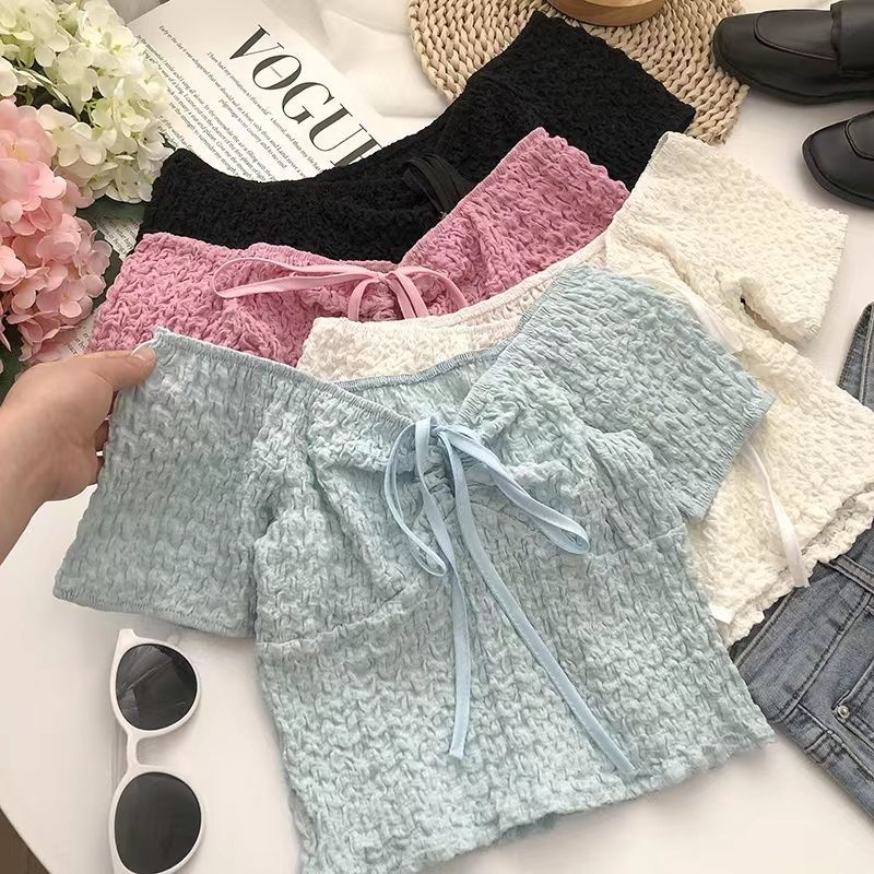 Áo Kiểu Tay Ngắn Màu Trơn Xếp Ly Trẻ Trung Hợp Thời Trang