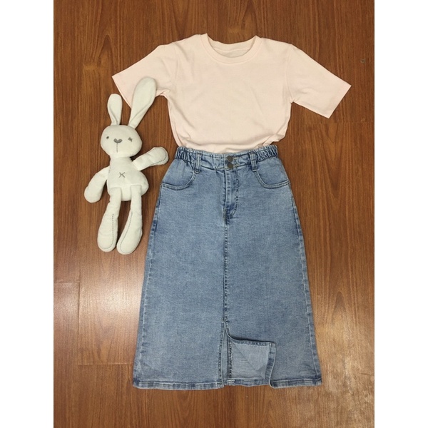 Chân váy jean chữ A dáng dài lưng thun co giãn